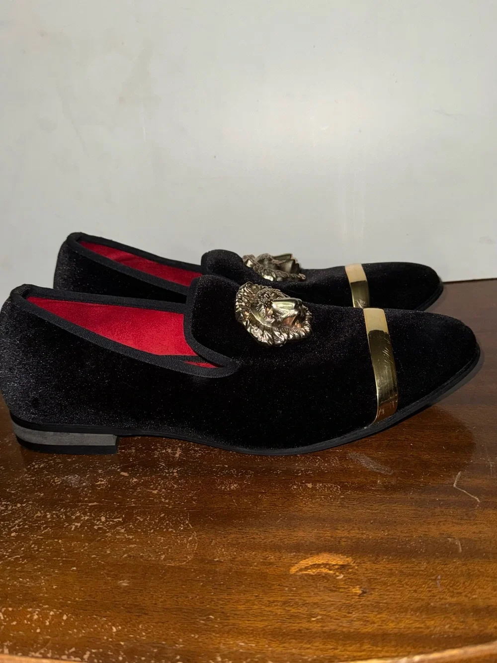 Tai Black Velvet Men's Slip-On Loafers with Gold Lion Medallion
